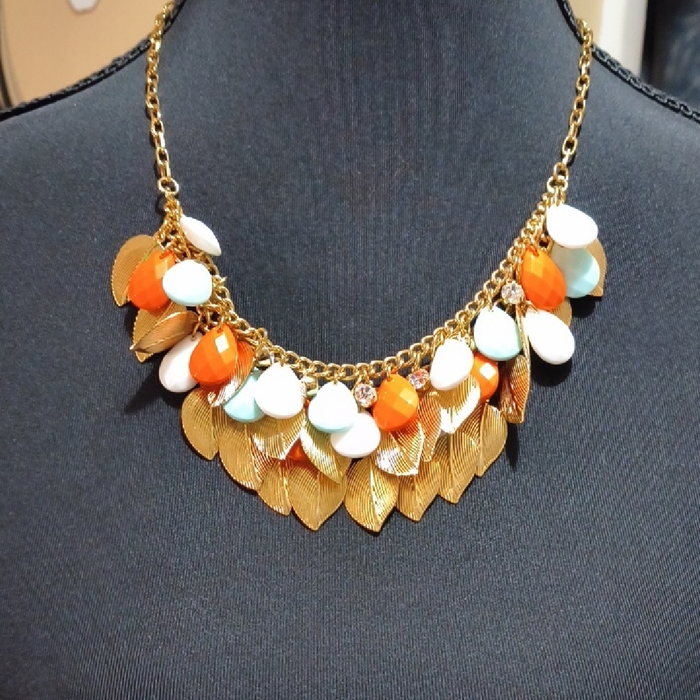 Gold Leaf Statement Necklace & Earrings Set with Orange and White Accents